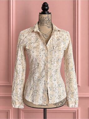 Vintage Le Château Cream Floral Cotton Button-Front Long-Sleeve Shirt Size S